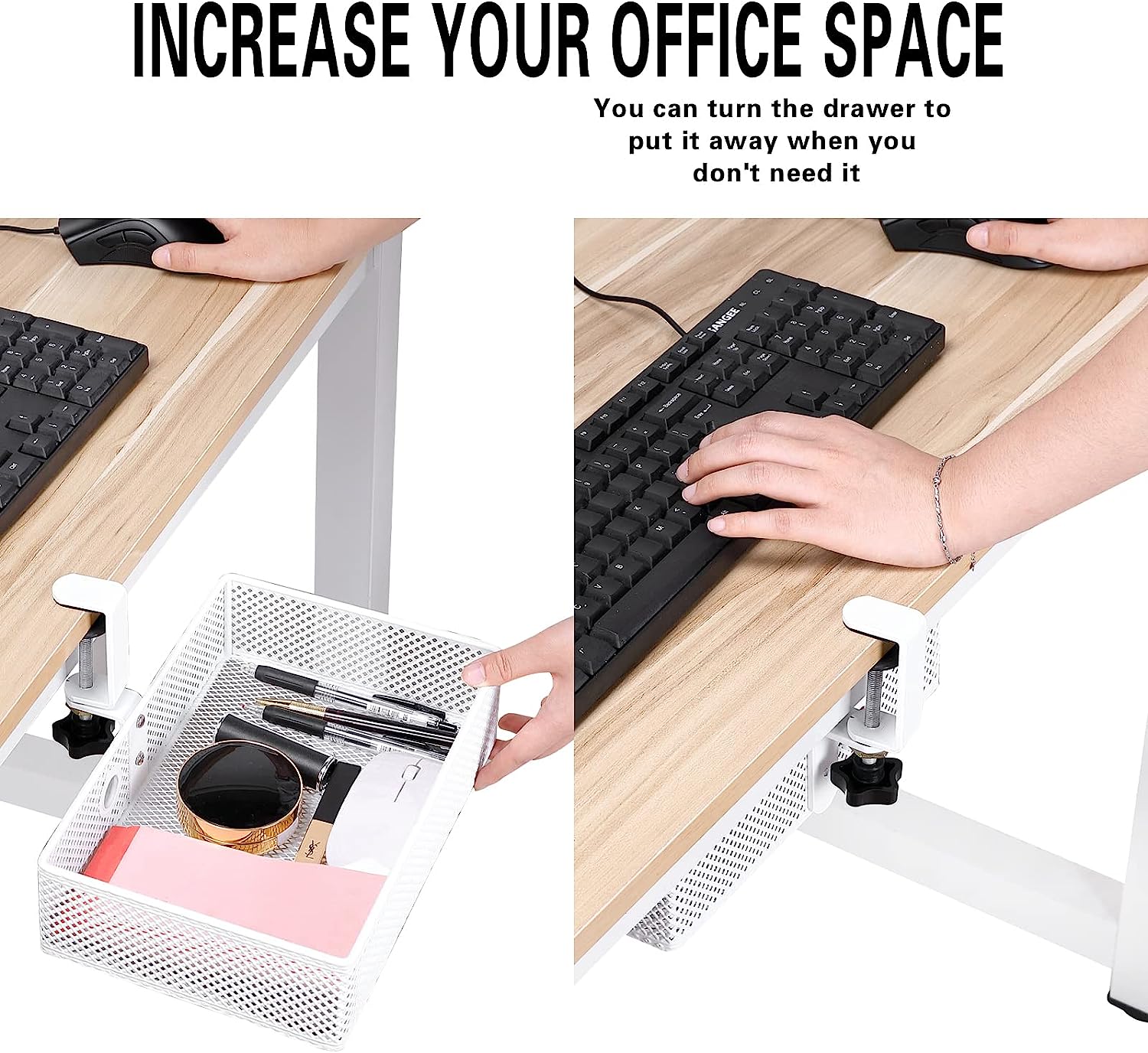 Euyona Mesh Desk Organizer and Clamp-on Swivel Pencil Drawer, Desk Hidden Desk Organizer Extra Sturdy C-Clamp Mount System and Easy to Instal, Home Office Art Supply Storage Box (Black) - Image 2